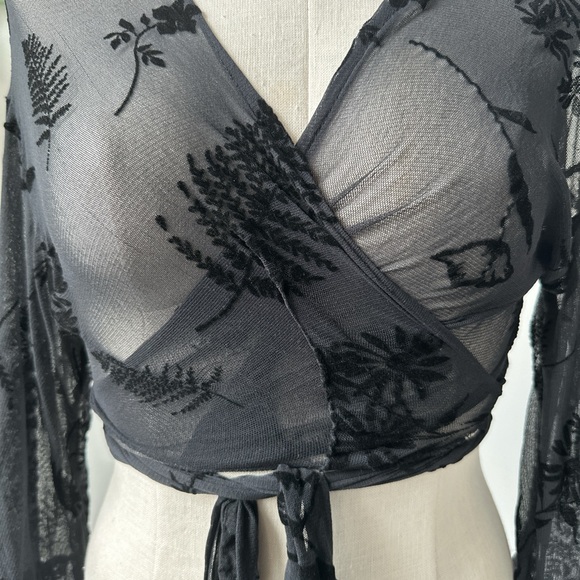 Black Sheer Wrap Top with Floral Design - Picture 2 of 5